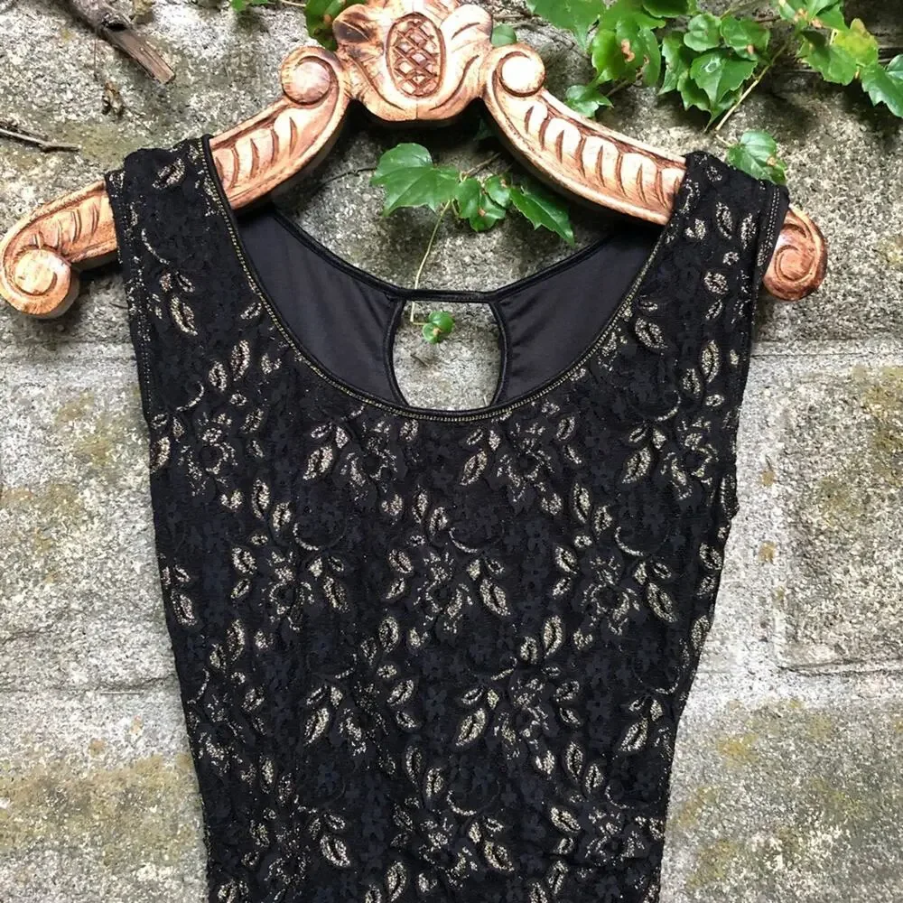 Max Studio Lace Bodycon Midi Ruching Black Gold S